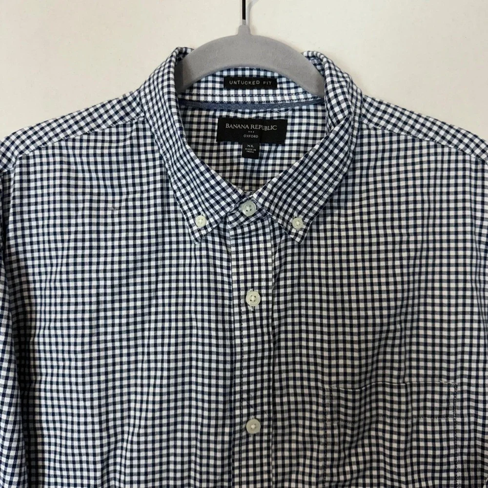 Banana Republic Shirt Mens XL Blue Check Untucked Fit Button‎ Down Oxford Casual